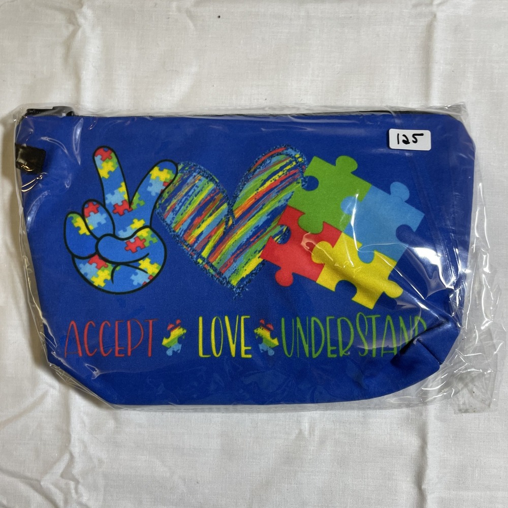 The Pouch Cosmetic Bag Blue NWT Autism Awareness Peace Love Accept